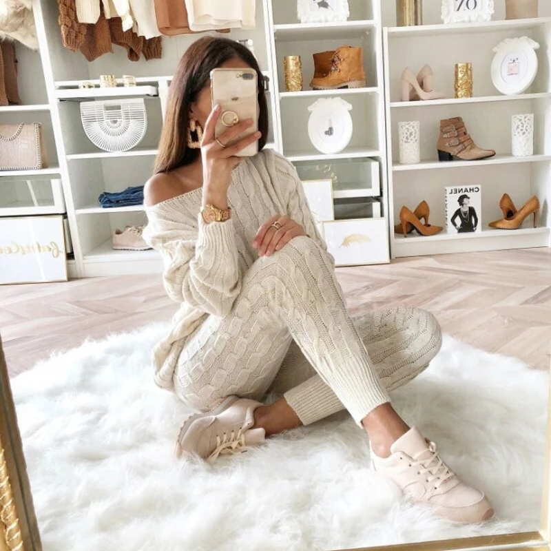 Twist Knitted 2 Piece Set Women Long Sleeve Pullover Sweater + Split Pants Sexy Lady Knitting trousers Suit | Женская одежда