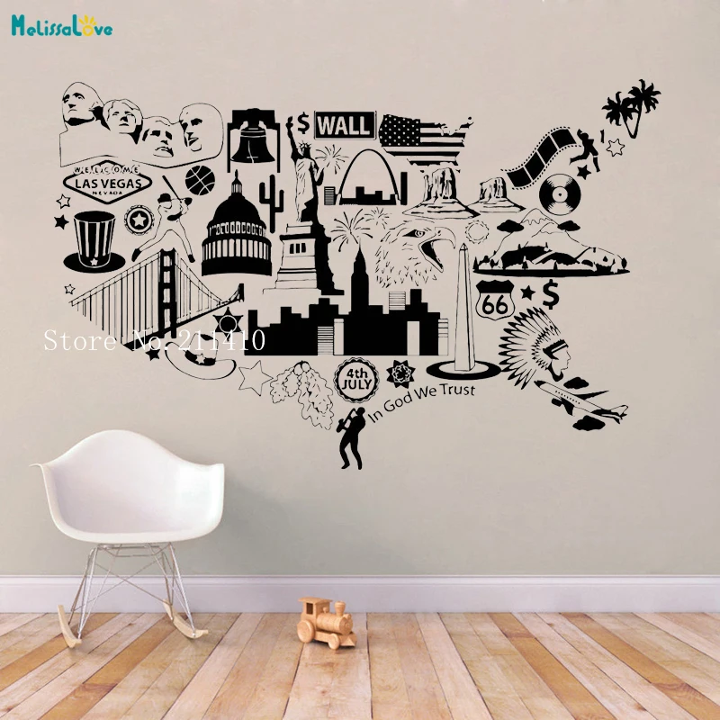 

Vinyl Decal USA Map United States Symbol Wall Sticker Complicated Decoration Living Room Removable Nursery Art Decals YT728