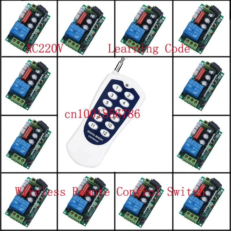 

220V 1CH Radio Wireless Remote Control Switch light lamp LED ON OFF 12 Receivers&1transmitter Learning Code Output Adjusted