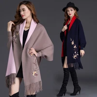 2018 autumn winter plus size embroidery batwing sleeve poncho women overwear coat floral cloak cardigans sweater with tassel