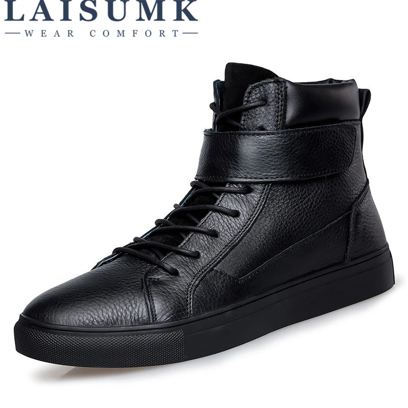 

LAISUMK 100% Genuine Leather Men Boots Winter Warm Velvet Ankle Snow Boots Men Shoes Fashion Cow Motorcycle Casual Boots 36-48