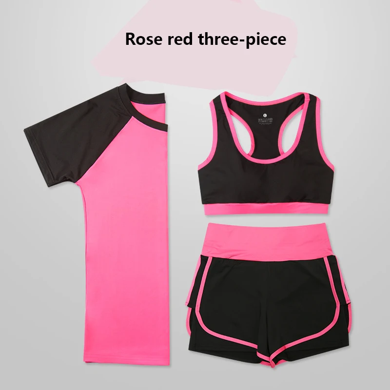 Rose red three-piece Спортивный костюм из двух предметов, свободная летняя одежда для фитнеса и йоги, спортивный костюм для женщин - Цвет: Rose red three-piece