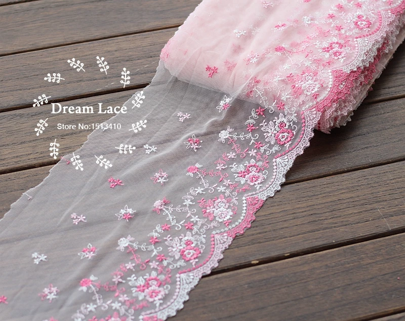 

Free shipping 2 Yards Lace Trim pink Embroidered Pink rose Tulle Lace 6.7 Inches Wide High Quality