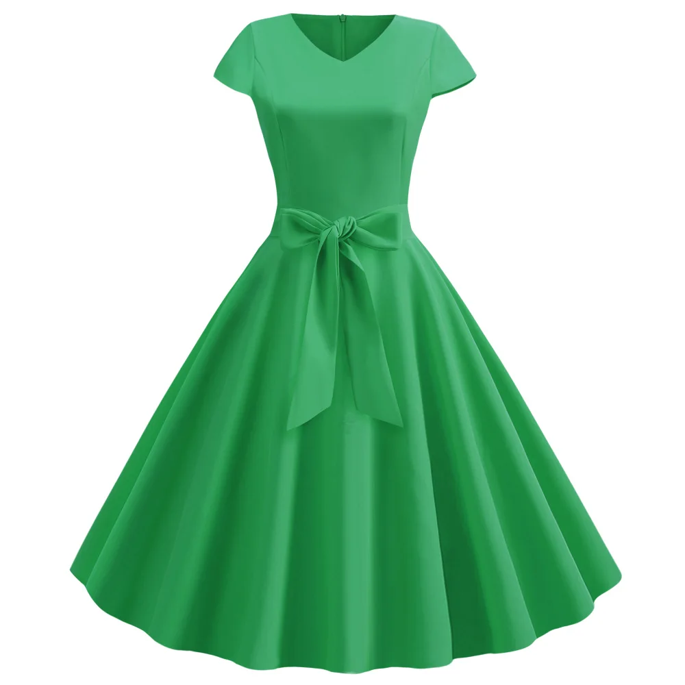 Женское однотонное платье в стиле ретро с V образным вырезом и коротким