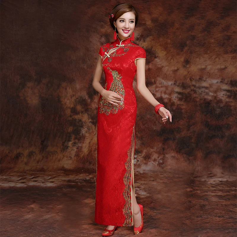 Red Novelty Lace Cheongsam Dress Vintage Chinese Style Long Qipao Womens Slim Party Dresses Retro Lady Clothe Vestidos S-2XL | Женская