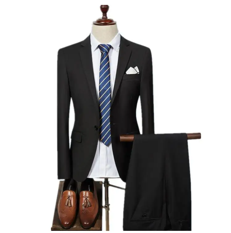 (Пиджак + брюки) 2019 мужской костюм на одной пуговице, модный шерстяной мужской приталенный деловой Свадебный костюм, мужской костюм-смокинг