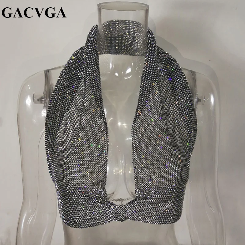 Кроп топ GACVGA с кристаллами 2019 блестящая Сексуальная футболка клубный жилет