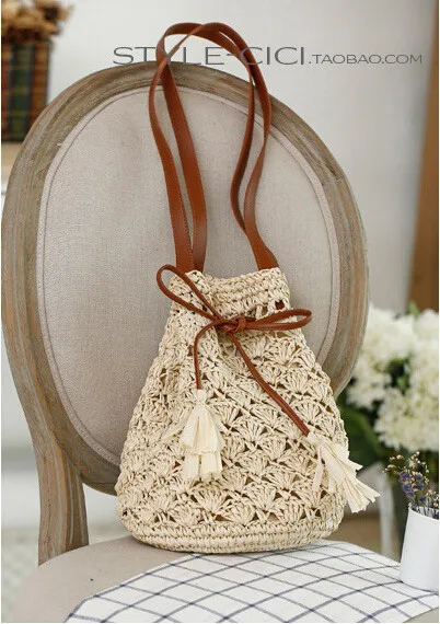 New woven rattan straw bag Bucket string mouth beach summer spring  hollow out bag 1pcs free post