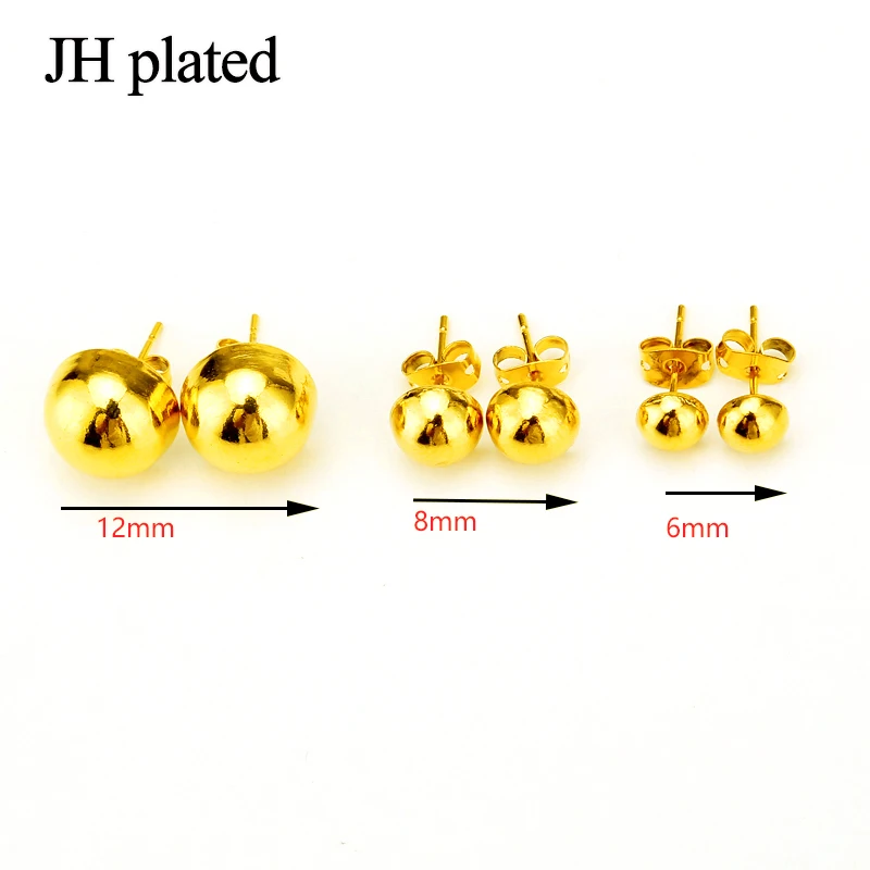 JHplated 4mm&amp6mm&amp8mm&amp12mm 24K Ear Stud Ethiopian Middle East African Half Ball Earring For Women Gift |