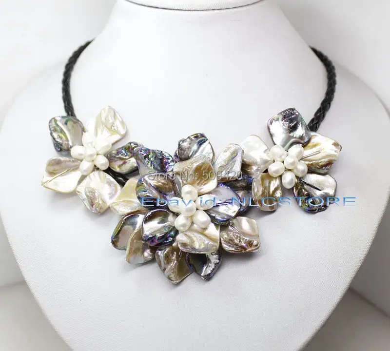 

Free Shipping white pearl mother of pearl shell weave flower pendant necklace fashion jewelry