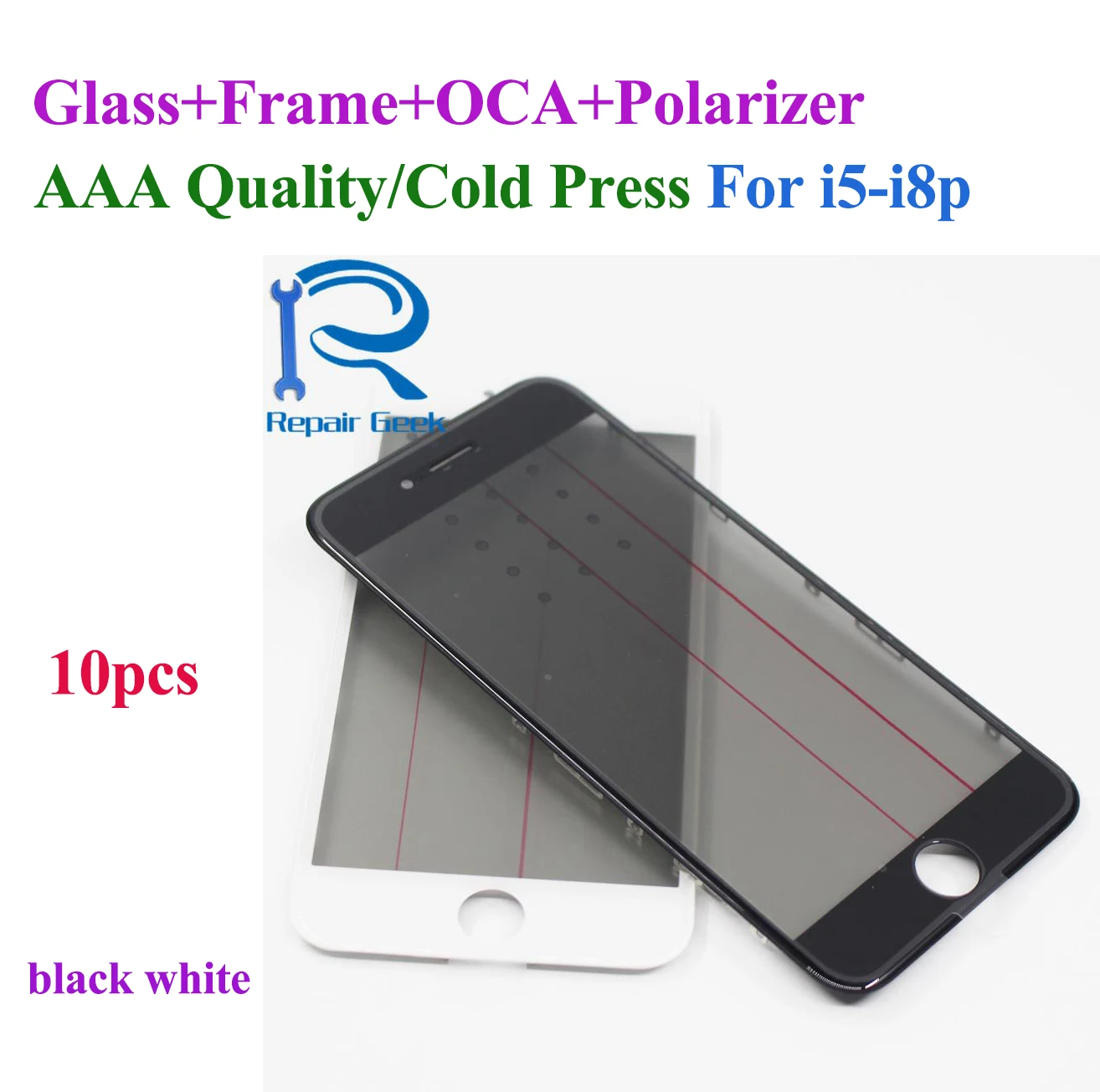 

10pcs Cold Press 4 in 1 Front Glass Lens with frame Polarizer OCA for iphone 8 8p plus 7 7plus 6 6s 5 5s Touch Panel Replacement