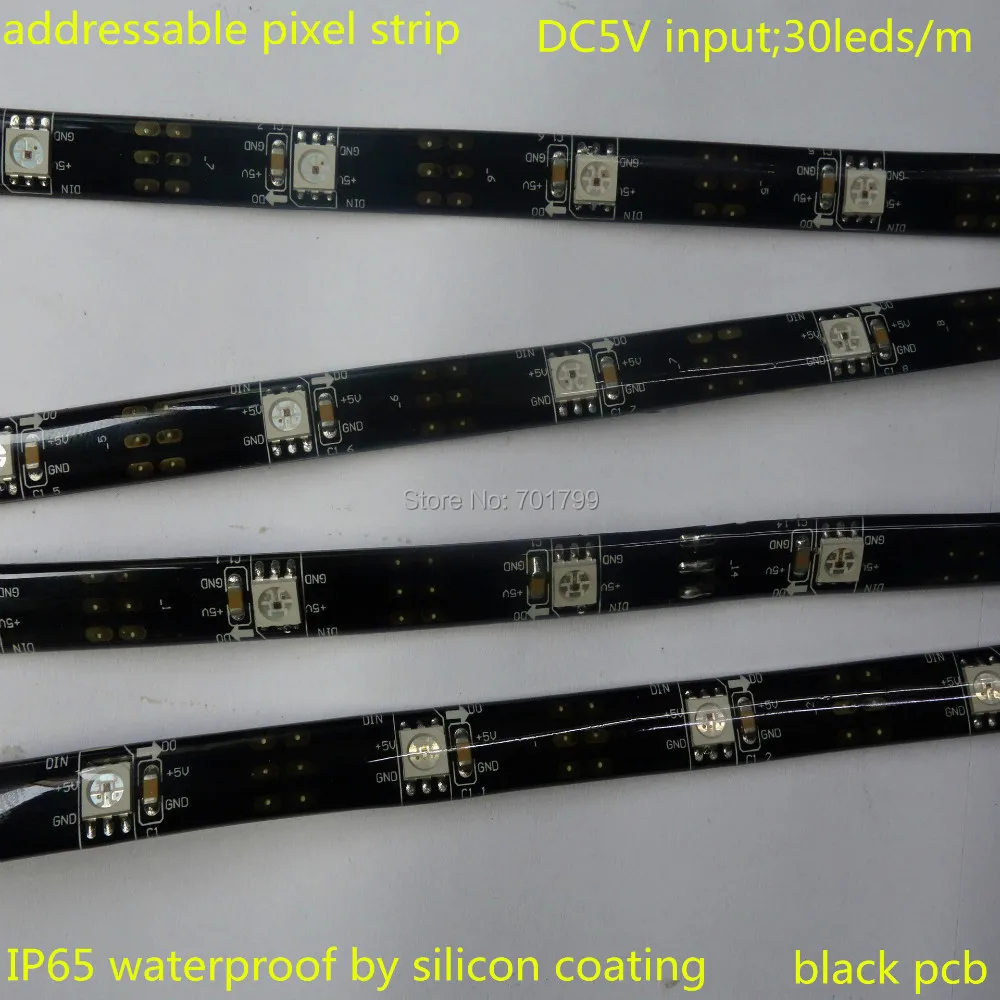 Фото Адресуемая Пиксельная Светодиодная лента 5 м DC5V 30 светодиодов/M WS2812B(WS2811) IP65 Черная Адресуемая Пиксельная Светодиодная лента 5 м DC5V 30 светодиодов/M WS2812B(WS2811) IP65 Черная