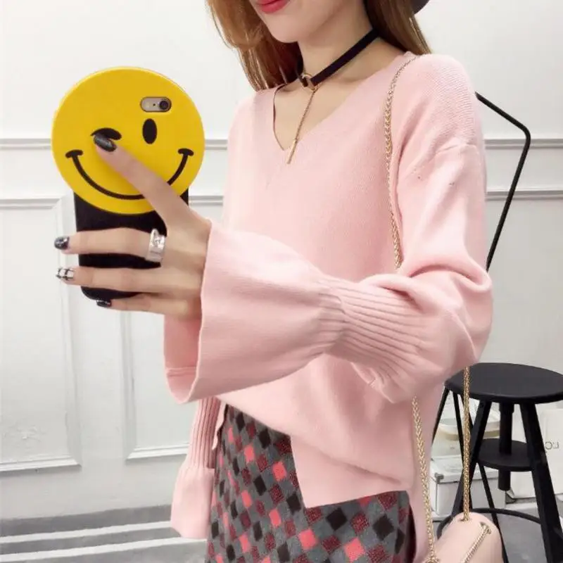 Свитер женский 2018 Осень Корейская мода Свободный рог с длинными рукавами