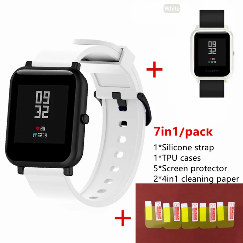 7в1 для Xiaomi Huami Amazfit Bip светильник и тонкий ТПУ ремешок на запястье PC Watch мягкий чехол для экрана с защитной пленкой