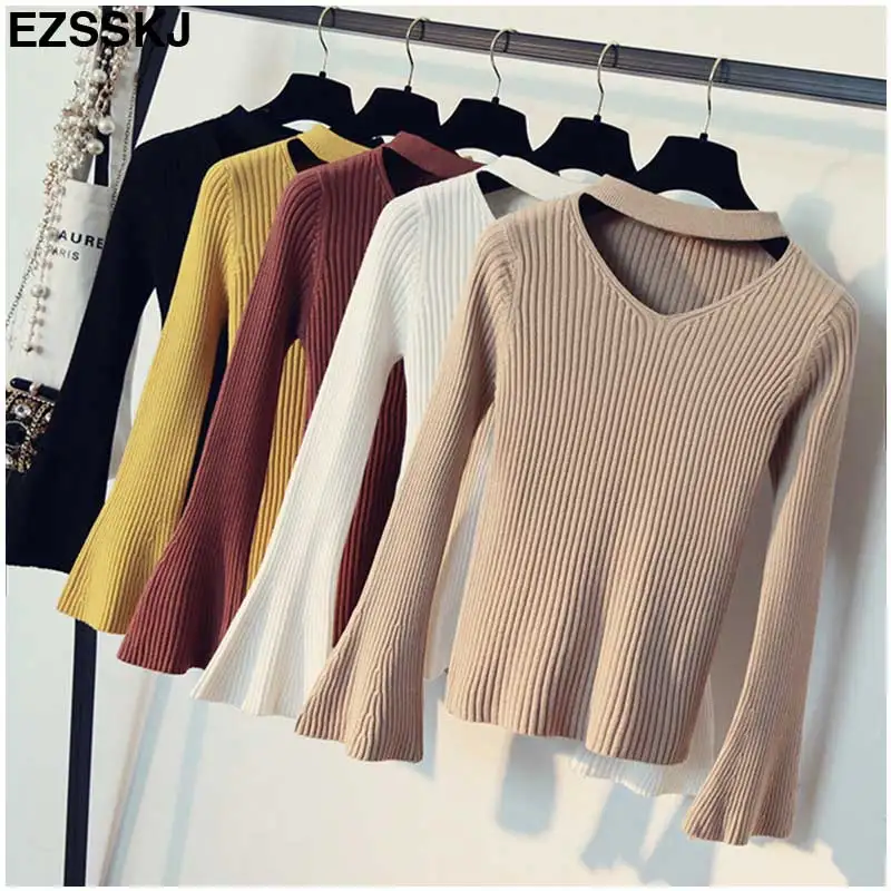 fashion halter knitted sweater women Autumn winter pullover female tops Slim v neck black jumper casual pull femme flare sleeve | Женская