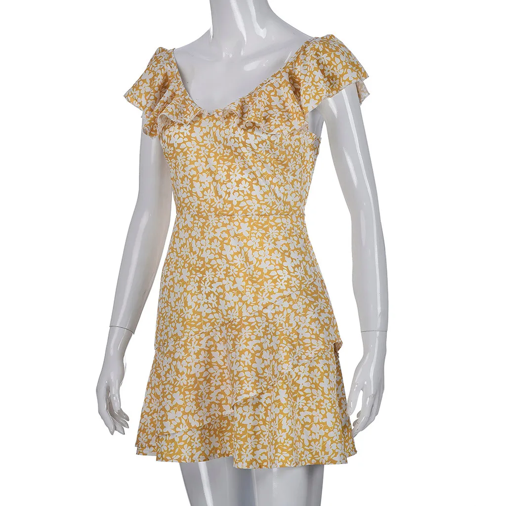 Модное женское сексуальное летнее платье без рукавов с принтом и v образным