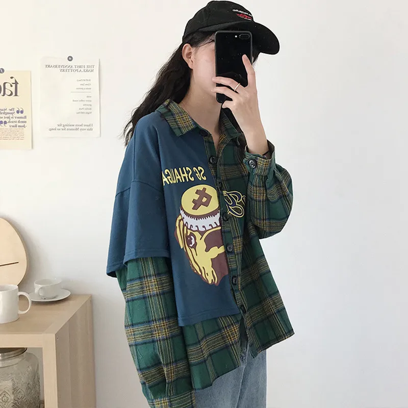 Harajuku Японская уличная одежда с мультяшным принтом Женская клетчатая рубашка