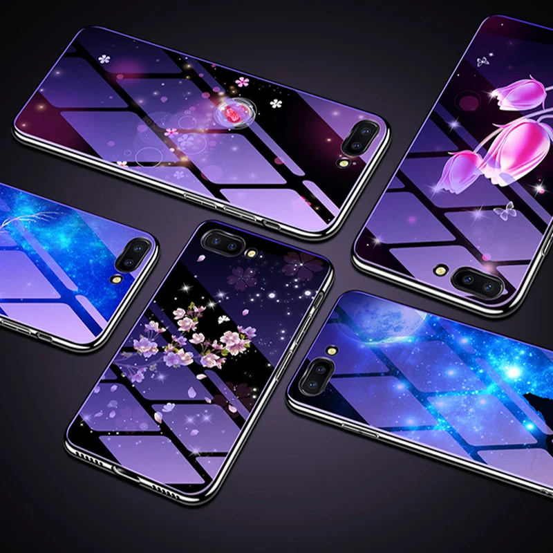 Для OPPO A3S чехол с цветком мультяшный синий закаленное стекло задняя крышка для