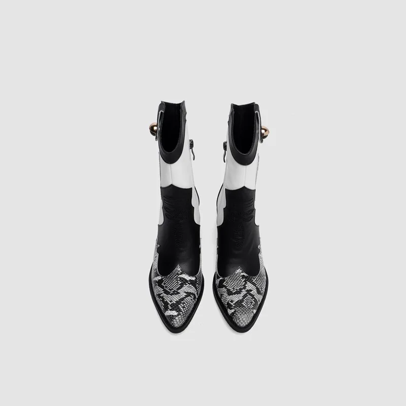 

EGONERY Woman Shoes 2019 Autumn New Mixed Colors Genuine Leather Mid Calf Boots Outsude Mid Heels Zip Ladies Shoes Drop Shipping