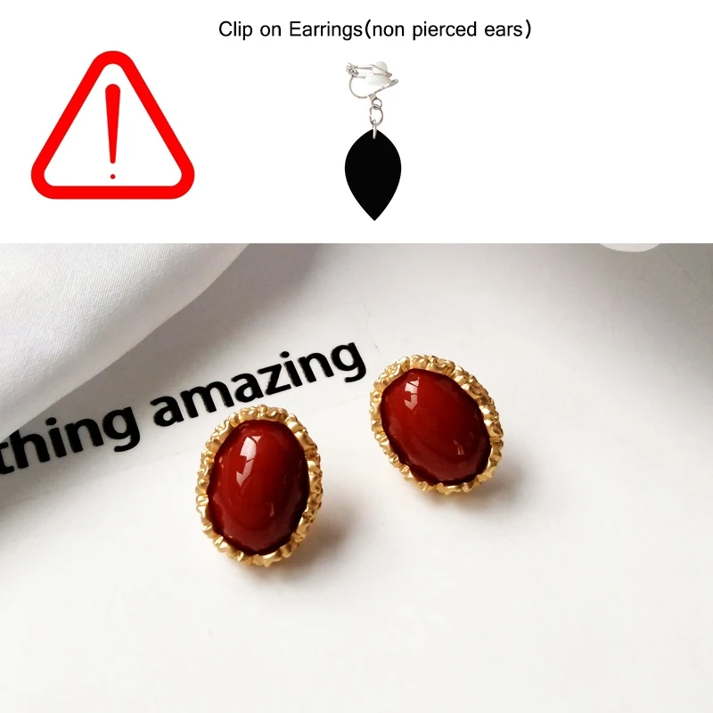 red clip earring Простые элегантные серьги-Клипсы из смолы с кристаллами, без пирсинга, винтажные металлические серьги-клипсы с овальным камнем без отверстия для ушей, Винтажные серьги - Окраска металла: red clip earring
