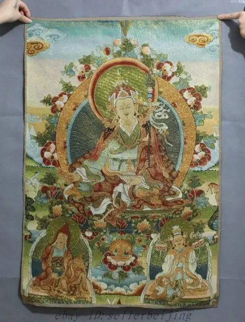 

35.4"Tibetan Silk Embroidery Art Buddhism Tangka Padmasambhava Buddha Statue