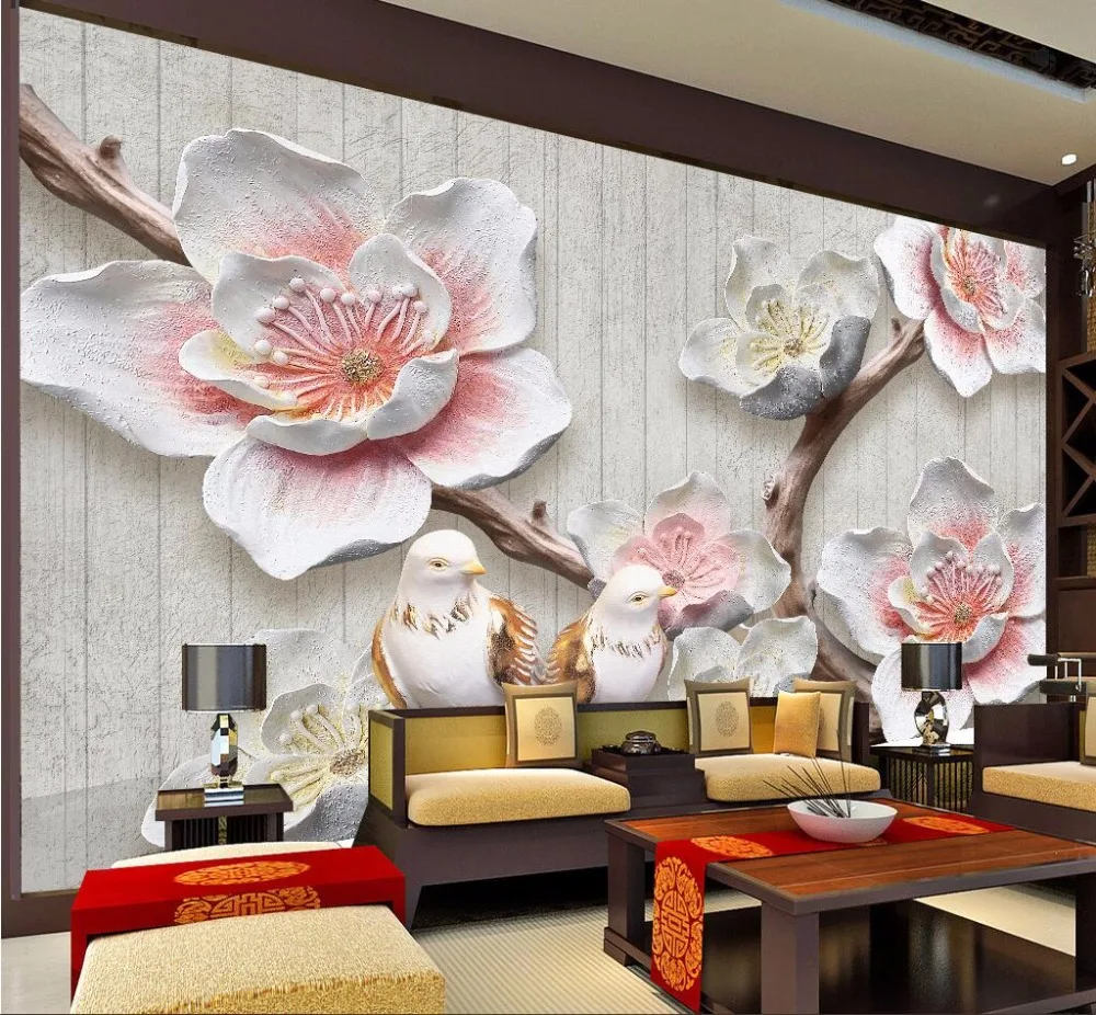 Beibehang Custom Wallpaper Home Decorative Frescoes Chinese Reliefs Plum Blossoms Retro Elegant 3D TV Walls mural 3d wallpaper |