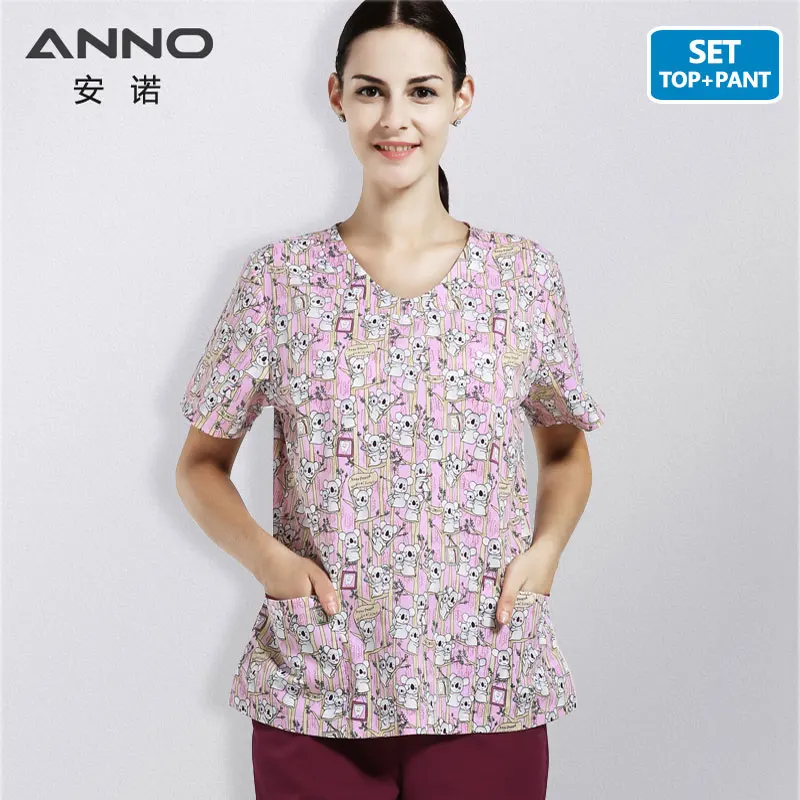 16SS052BeiBeiXiong-S ANNO напечатанная медицинская одежда с круглым вырезом униформа медсестры для женщин и мужчин для салона красоты Стоматологическая спа рабочая одежда медицинское оборудование для мужчин t - Цвет: 16SS052BeiBeiXiong-S