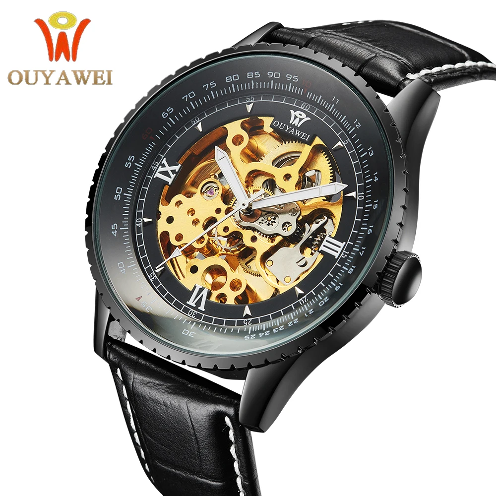 Роскошные автоматические механические черные мужские наручные часы скелетоны