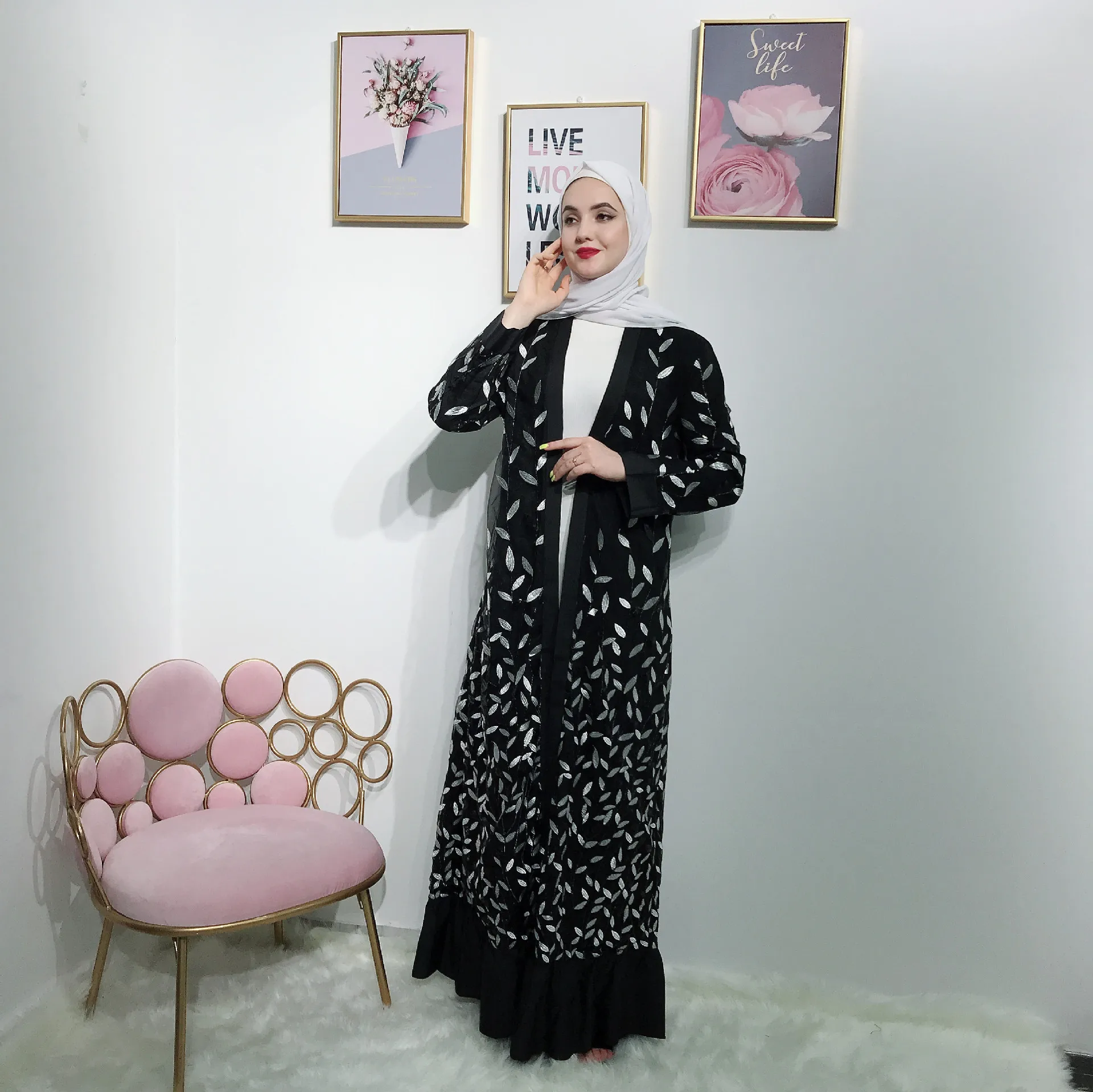 Кимоно с открытой передней частью Abaya Дубай синий черный абайя хиджаб для