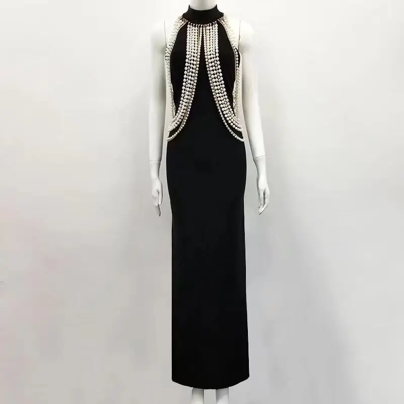 

New Black Beige Color Ladies HL Bandage Dress Beading Sexy Bodycon Floor Length Dress Evening Party Dress