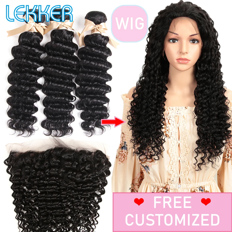 13X4 Free Customized Lace Frontal Human Hair Wigs For Women By Lekker Brazilian Deep Wave Remy Human Hair Bundles With Frontal