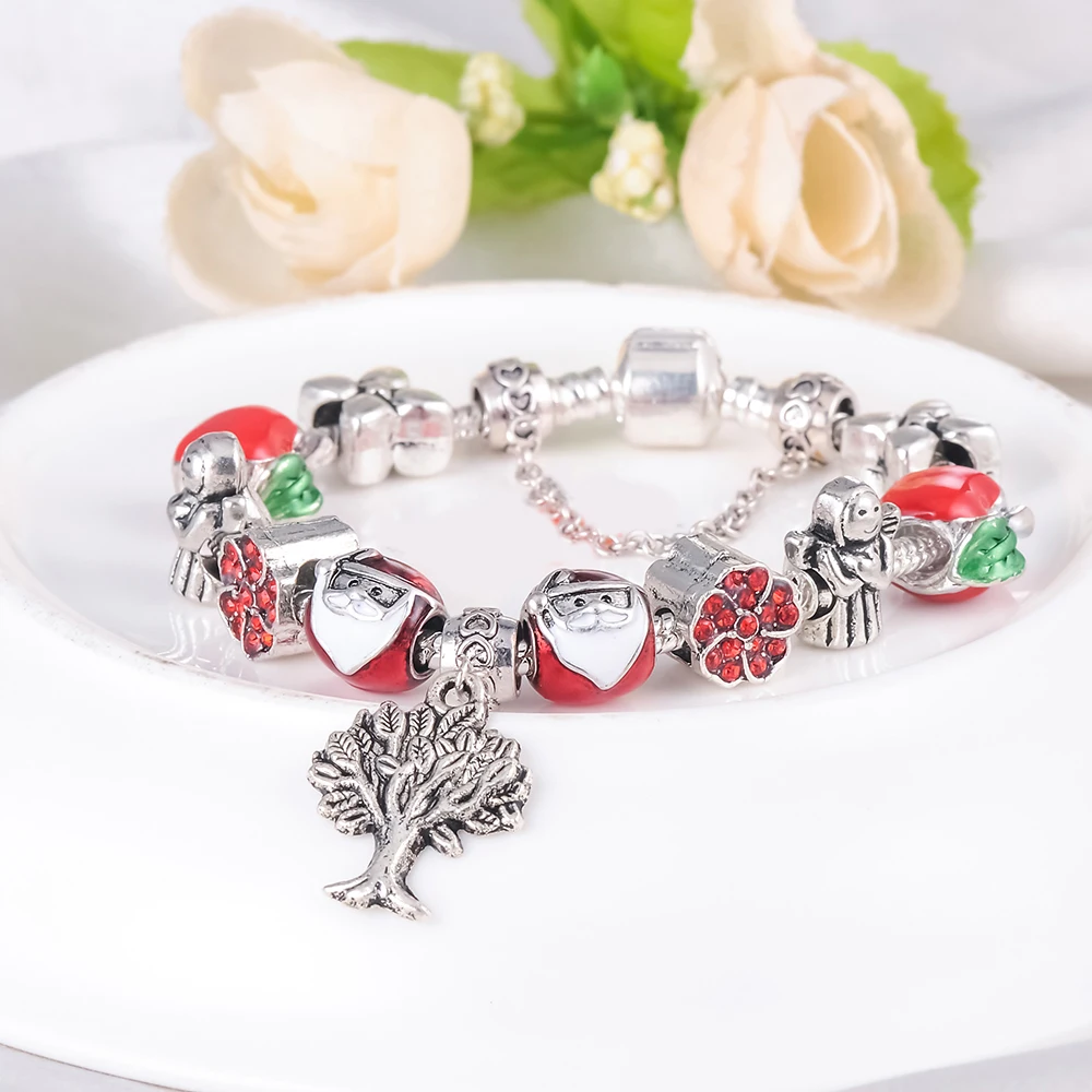 Beagloer Antique Silver Charm Bracelet &amp Bangle with Red Enamel/Crystal Ball Women Party 2017 Christmas Gift Jewelry PCBR0248 |