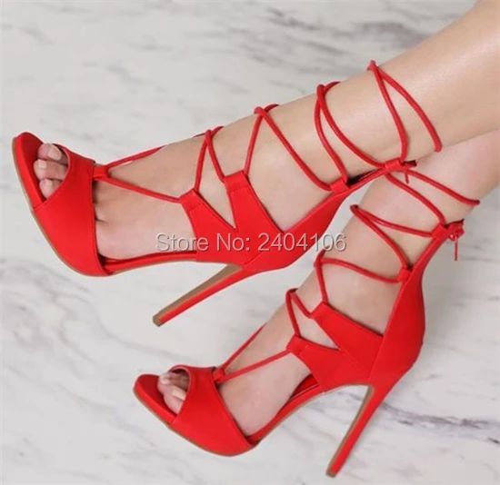 

Red Black Yellow Ladies Party Shoes Stiletto Gladiator Sandalia Peep Toe Sexy High Heels Cross-ties Lace-up Summer Sandals Women