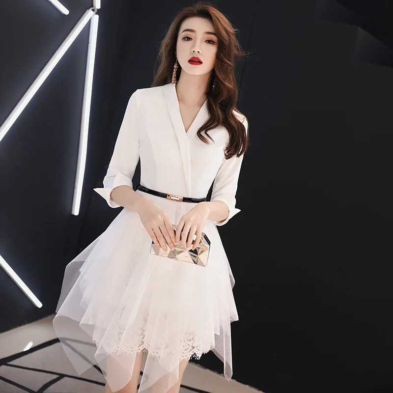 

Elegant Party Dress Women 2019 Summer Office Lady Sexy V-Neck Half Sleeve Slim Short White Dresses robe blanche vestidos jurken