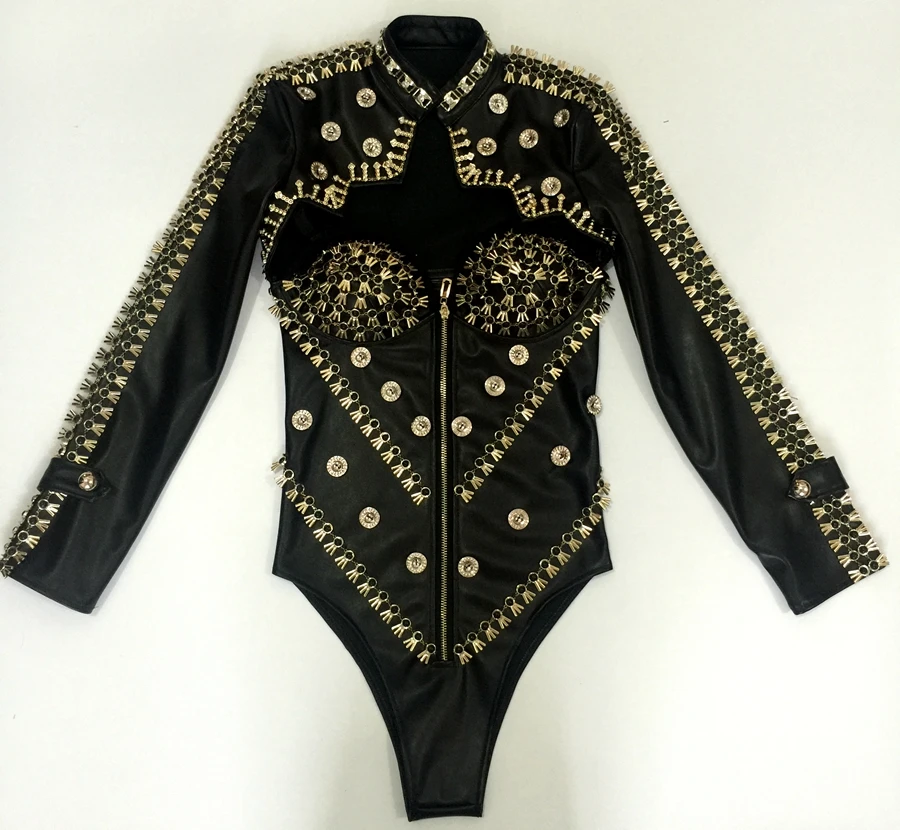 White Black PU Leather Bodysuit Sexy High stretch Leotard Catsuit Bar DJ singer Costume Leading dancer pole dance stage Outfit