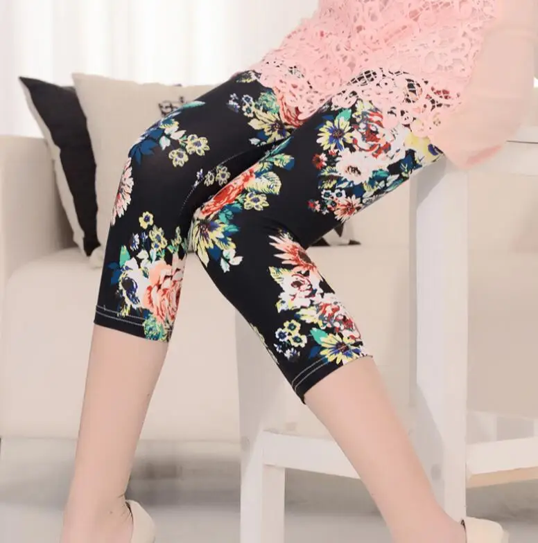Peony black 7 VIIANLES/летние короткие леггинсы; леггинсы с цветочным принтом со звездами; женские леггинсы; повседневные леггинсы; эластичная укороченная брюки; капри; Jeggin - Цвет: Peony black 7