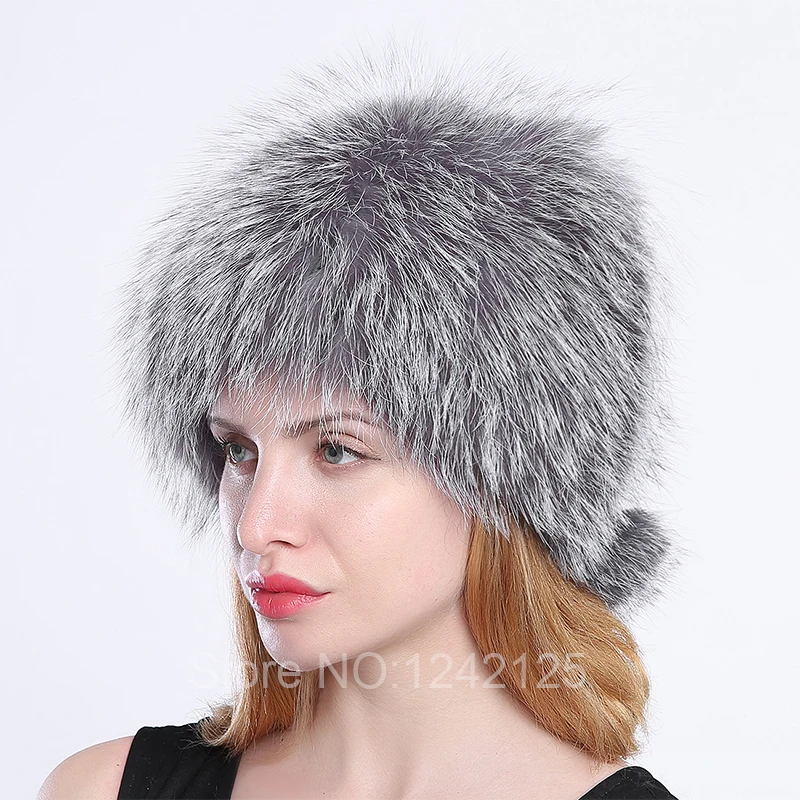 Новые зимние теплые женские Настоящее Silver fox меховой вязанная теплая шапка