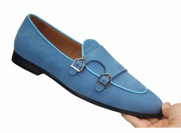 Blue Suede Shoes Loafers Men's Moccasins Casual Flats Dress Double Buckles Wedding Large Size | Обувь