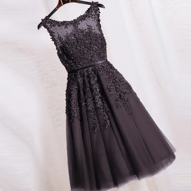 Robe De Soiree красный o-образный Вырез Аппликация до колена и отделка бисером тюль А-силуэт без рукавов вечерние платья для выпускного вечера невесты
