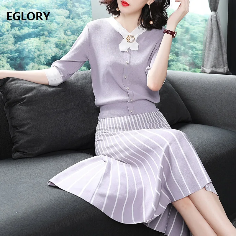 Новые модные Для женщин Комплект одежды Lady beaded Кнопка свитер шерстяная фуфайка+ до середины икры Длина вязаный костюм с юбкой комплект из 2 предметов