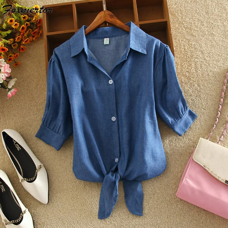 Женская блузка рубашка лето 2021 короткий рукав в полоску с бантом Blusas свободного
