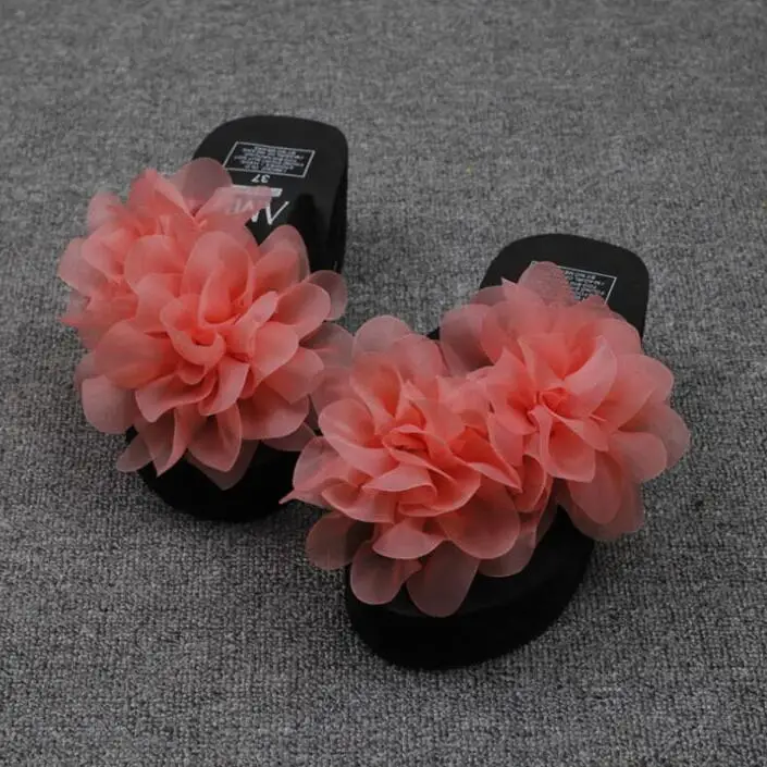 Original summer Handmade DIY Three-dimensional gauze Thick soles Wedges Flowers flip flops Free shipping | Обувь