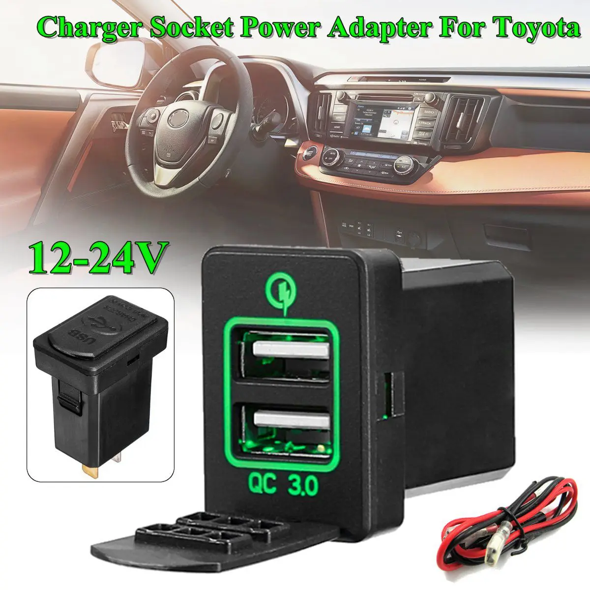Зеленый QC 3,0 12/24V Dual USB Автомобильное зарядное устройство для сигарет розетка машинный Зарядное устройство Мощность адаптер 4.8A 5V для Защитные чехлы для сидений, сшитые специально для Toyota Corolla Левин Prado Reiz Выход w/3 цвета светодиодный светильник - Название цвета: Зеленый
