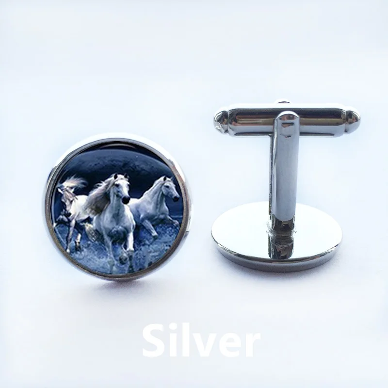 2015 Fashion Men's Gift Jewelry Cuff Links White Golden Plated Link Round Animal Horse Pattern Designer Brand Cufflinks Men | Украшения