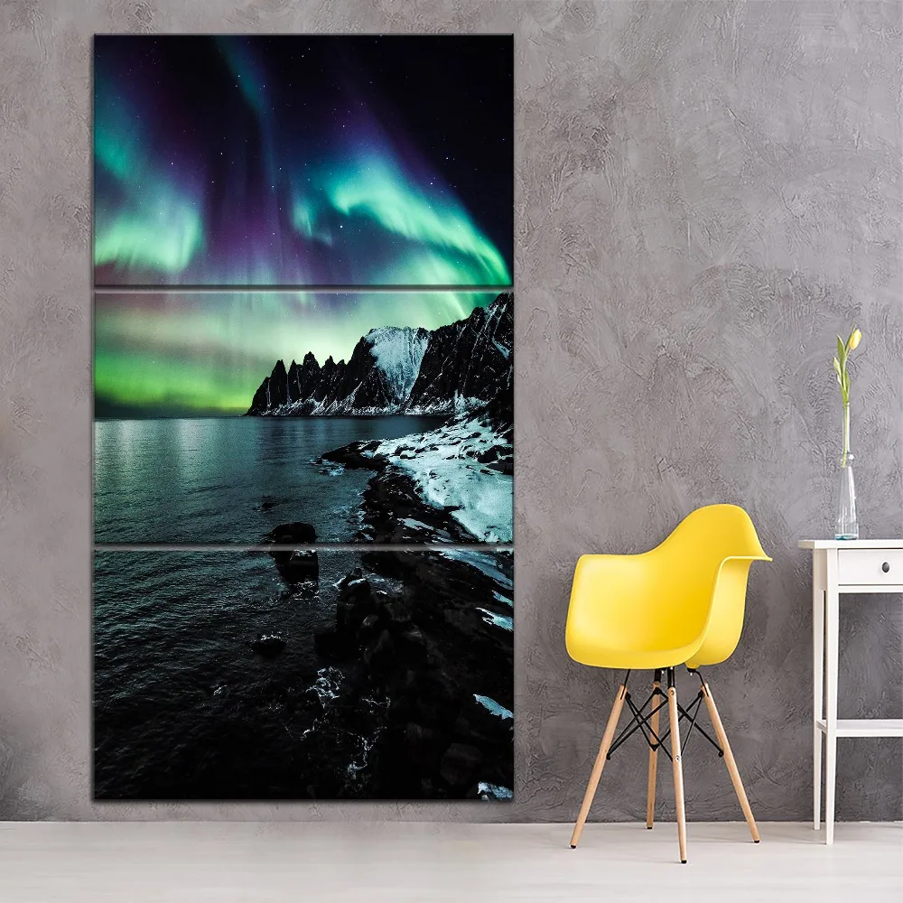 

3 предмета холст картины современных HD печати Тип Стиль Aurora Borealis вечернее озеро фотографии дома декоративные стены искусства плакат