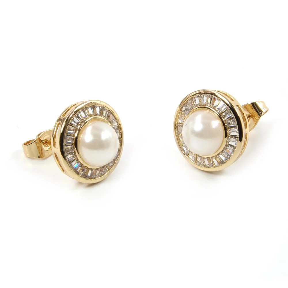 SUNSLL медные серьги гвоздики золотого цвета с фианитами и круглыми жемчужинами 8 мм