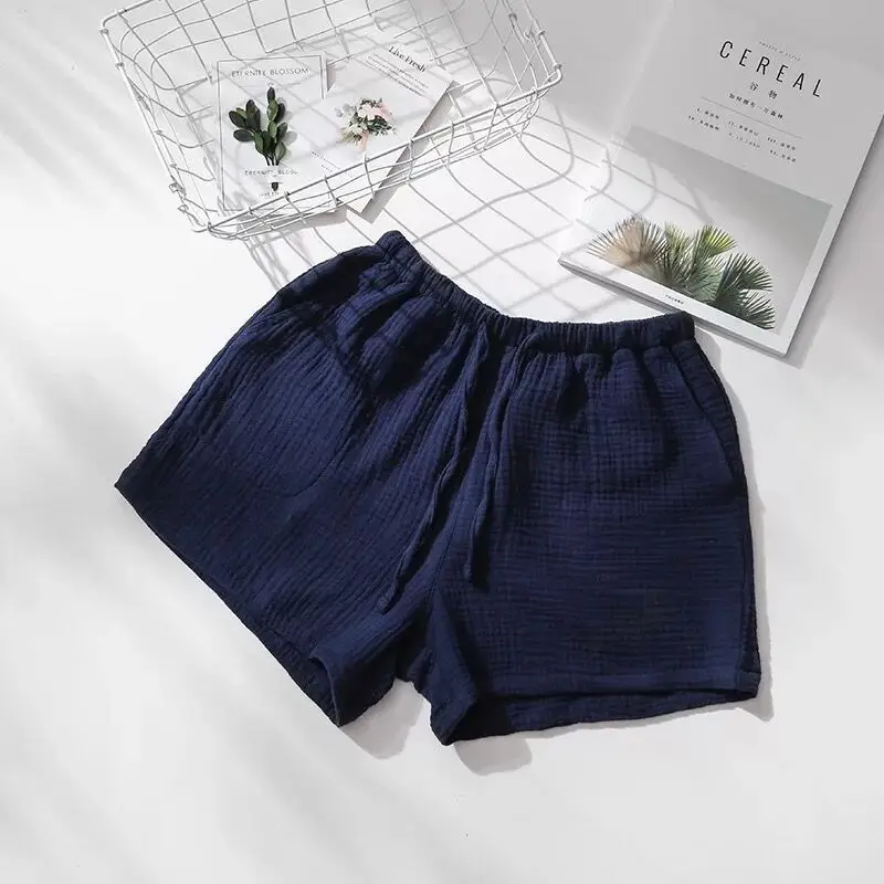 Woman dark blue Летние парные пижамные штаны хлопок креп ночная рубашка для мужчин и женщин пижамные шорты Эластичная талия сна Шорты для сна - Цвет: Woman dark blue