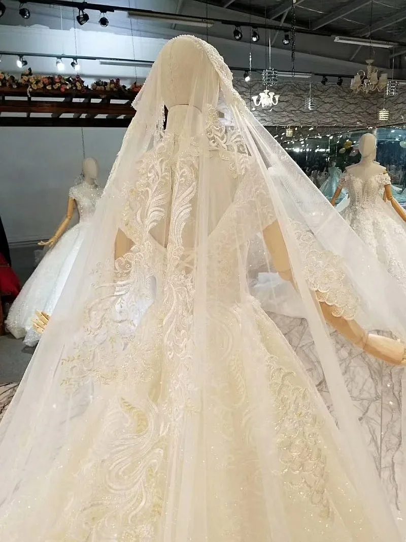 Elegant Lace Ball Gowns Wedding Dresses Vestido De Noiva Puffy Beaded Up Chapel Train Cap Shoulder Bridal Casamento | Свадьбы и