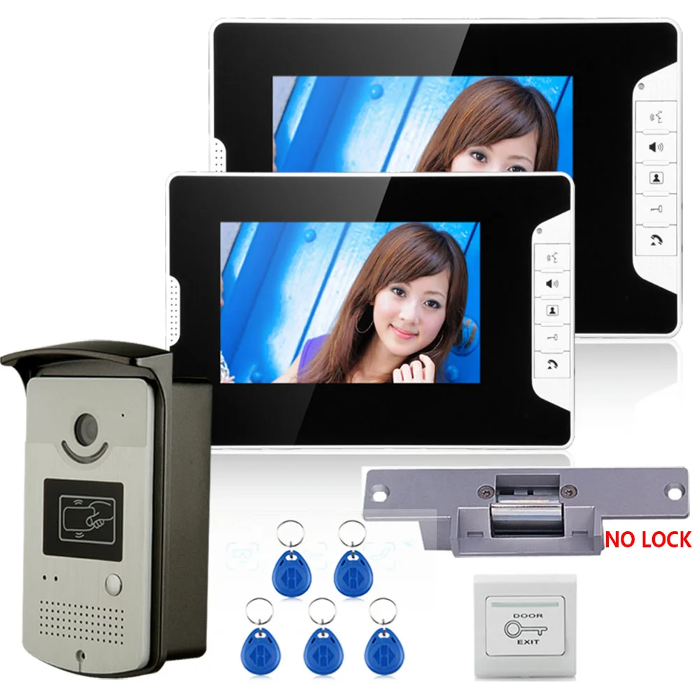 

7"TFT Color Video Door Phone Intercom System With 2 Monitor 1 RFID HD Doorbell 1000TVL Camera + Electric Strike Lock