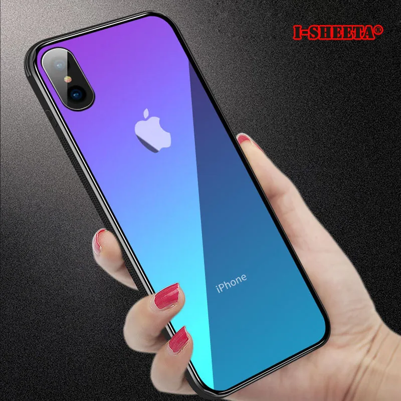 For iPhone XS Max XR X 2018 Half Transparent Clear 9H Tempered Glass Hard Back Soft TPU Bumper Blue Ray Gradient Color Cases |